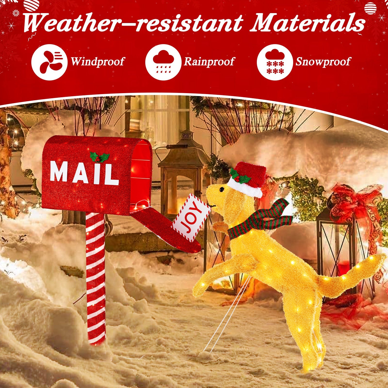 3.5 ft Christmas Mail Box with Dog and 120 Warm White LED Lights, red mailbox on Tampa Home & Garden Store