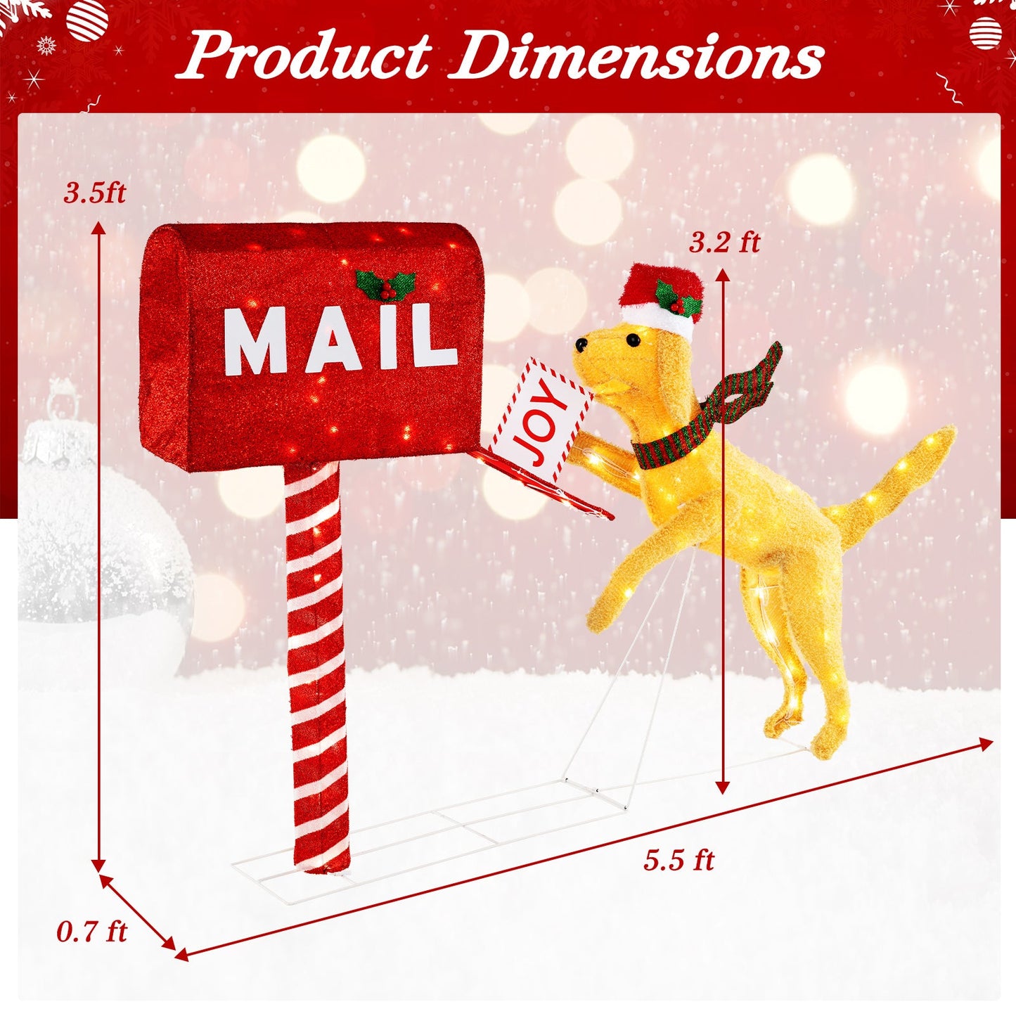 3.5 ft red Christmas mailbox with holly and JOY tag, yellow dog, 120 warm white LEDs DirectDeals on Tampa Home & Garden Store