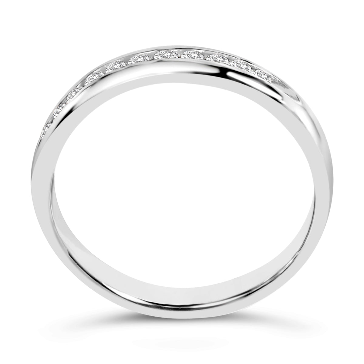 White gold channel-set diamond wedding band with 11 stones along the top edge on Tampa Home & Garden Store