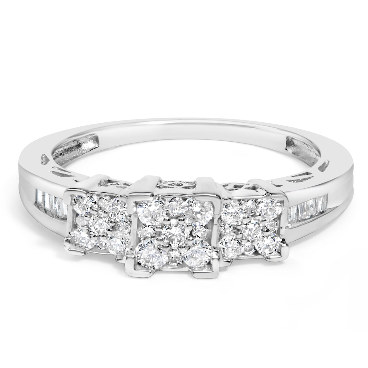 3-stone engagement ring in 10K white gold with square diamond clusters, Bids.com, size 6-3/4 on Tampa Home & Garden Store