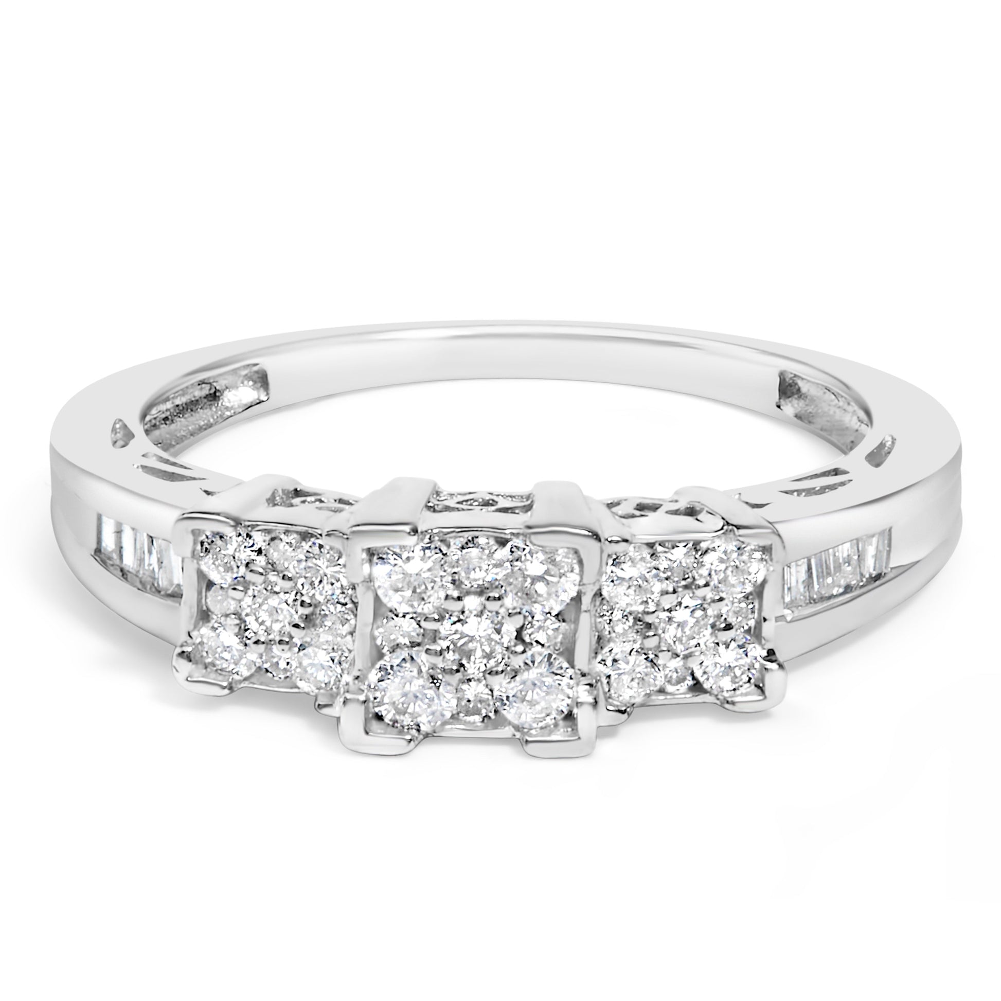 3-stone engagement ring in 10K white gold with square diamond clusters, Bids.com, size 6-3/4 on Tampa Home & Garden Store