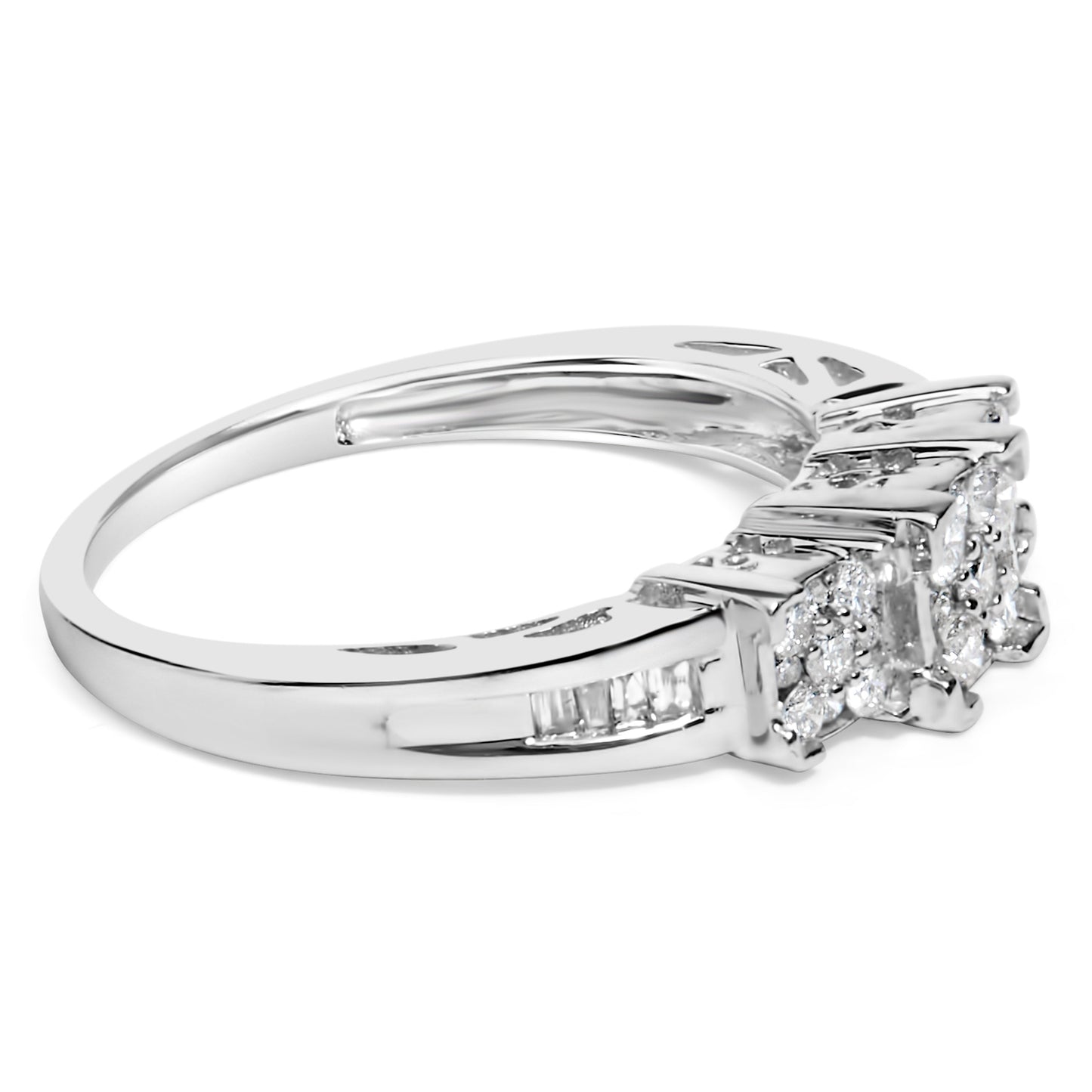 Engagement ring 10K white gold 1/2 cttw diamonds, 3-stone with 3 square clusters, size 6-3/4 on Tampa Home & Garden Store
