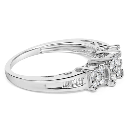 Engagement ring 10K white gold 1/2 cttw diamonds, 3-stone with 3 square clusters, size 6-3/4 on Tampa Home & Garden Store