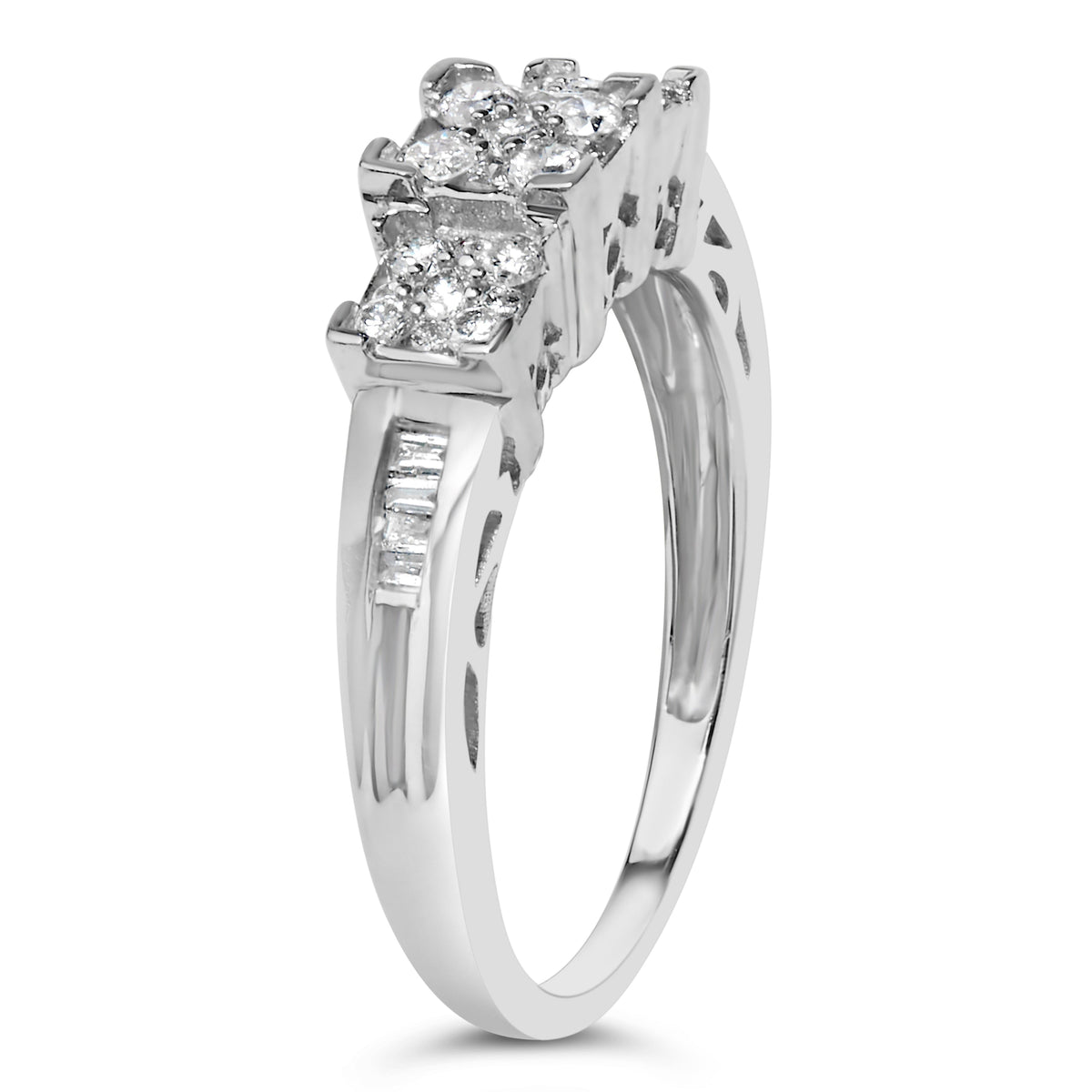 Diamond engagement ring 10K white gold 1/2 ct tw, 3-stone with square cluster diamonds on Tampa Home & Garden Store