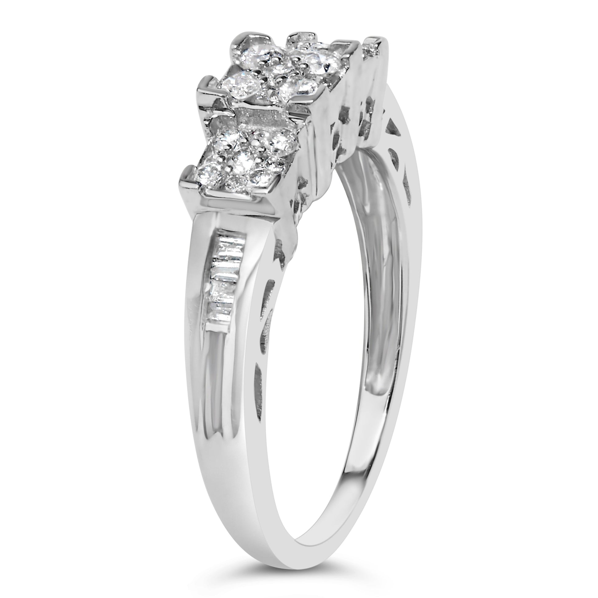 Diamond engagement ring 10K white gold 1/2 ct tw, 3-stone with square cluster diamonds on Tampa Home & Garden Store