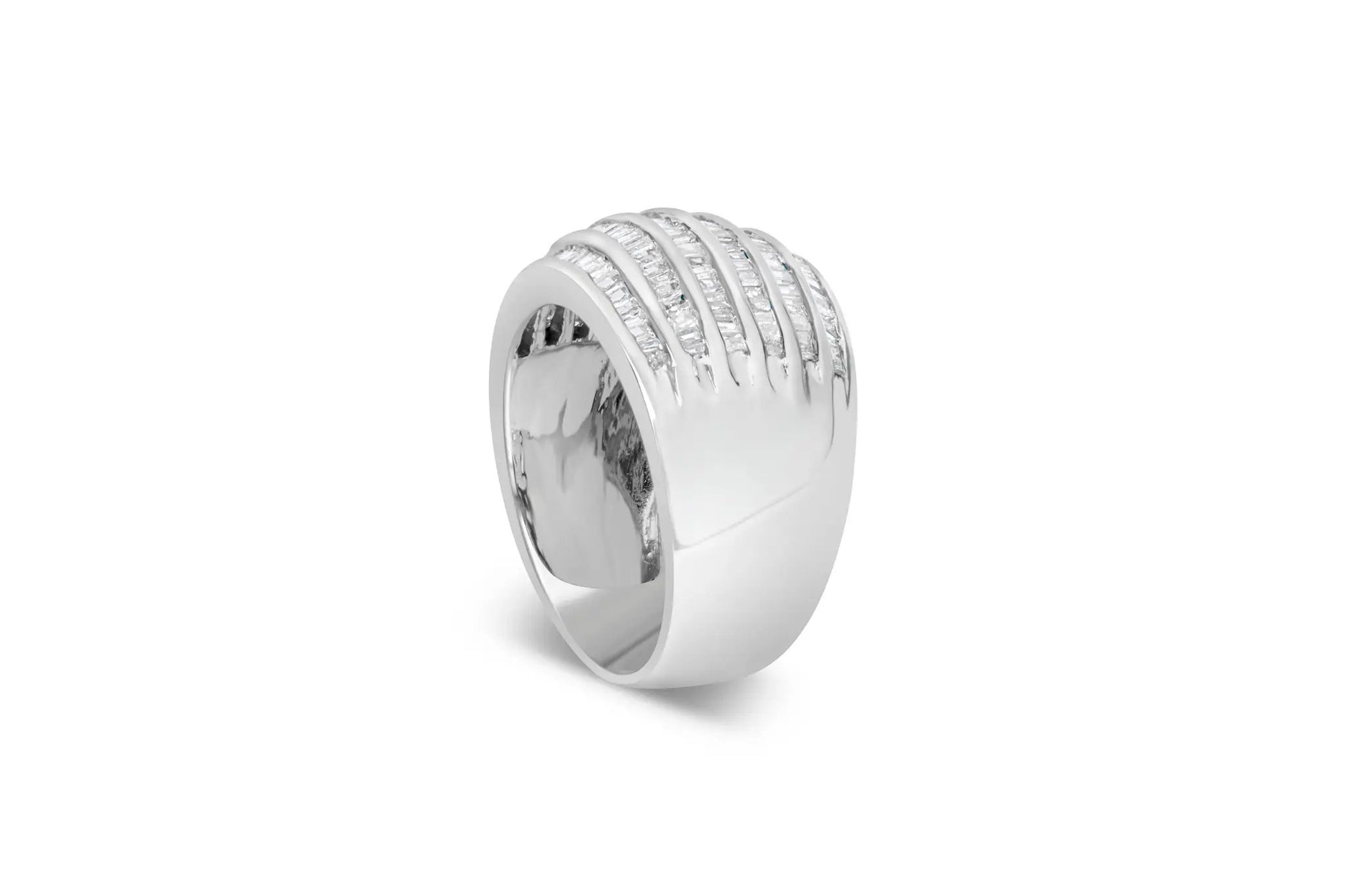 Bids.com sterling silver cocktail ring with 6-row baguette diamonds, domed tapered band on Tampa Home & Garden Store