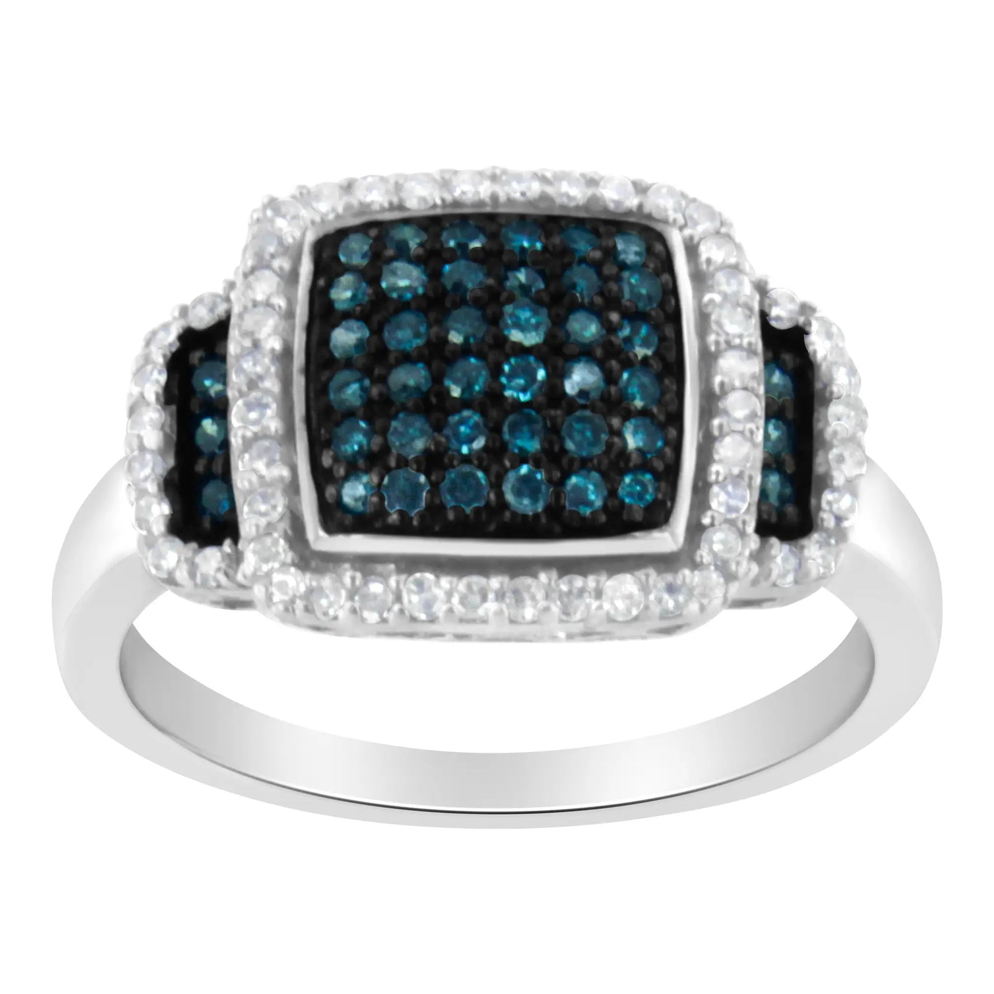 Black rhodium plated sterling silver square halo ring with blue and white diamonds size 6 on Tampa Home & Garden Store
