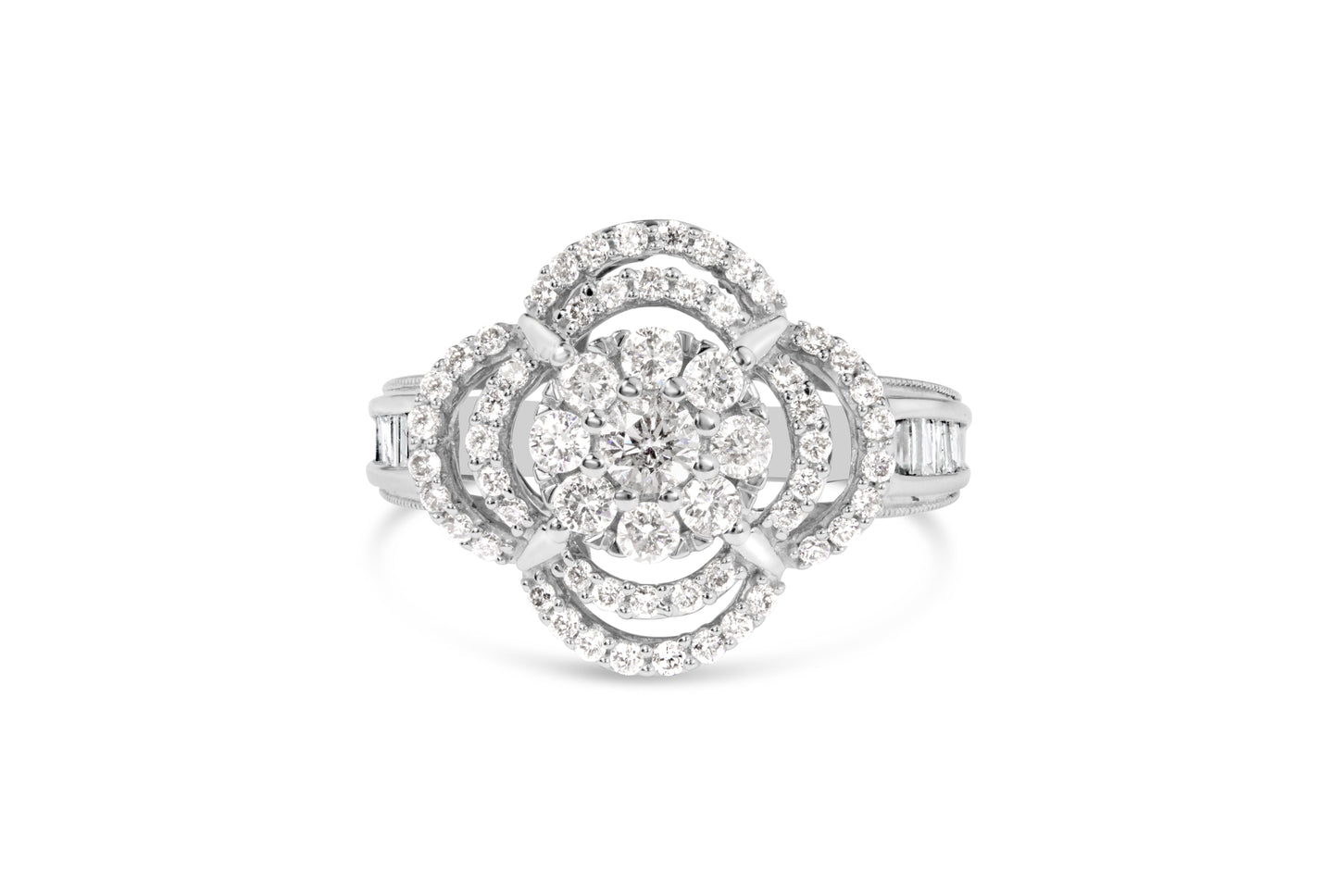 Diamond ring, 14K white gold, cluster quatrefoil with round & baguette diamonds halo on Tampa Home & Garden Store