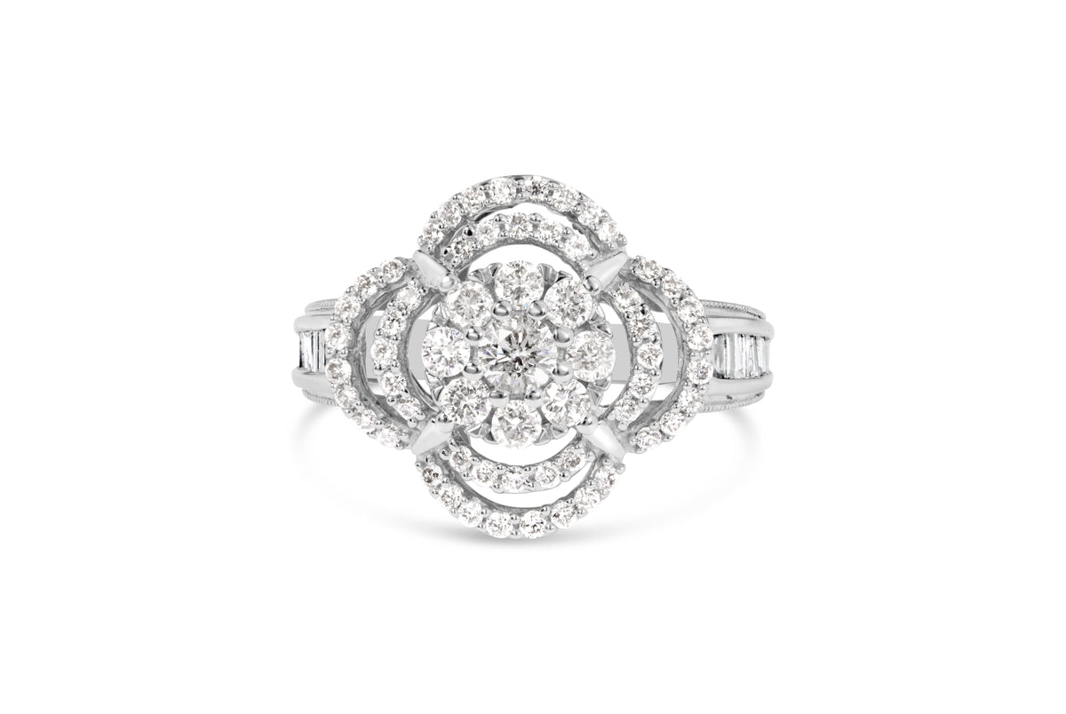 Diamond ring, 14K white gold, cluster quatrefoil with round & baguette diamonds halo on Tampa Home & Garden Store