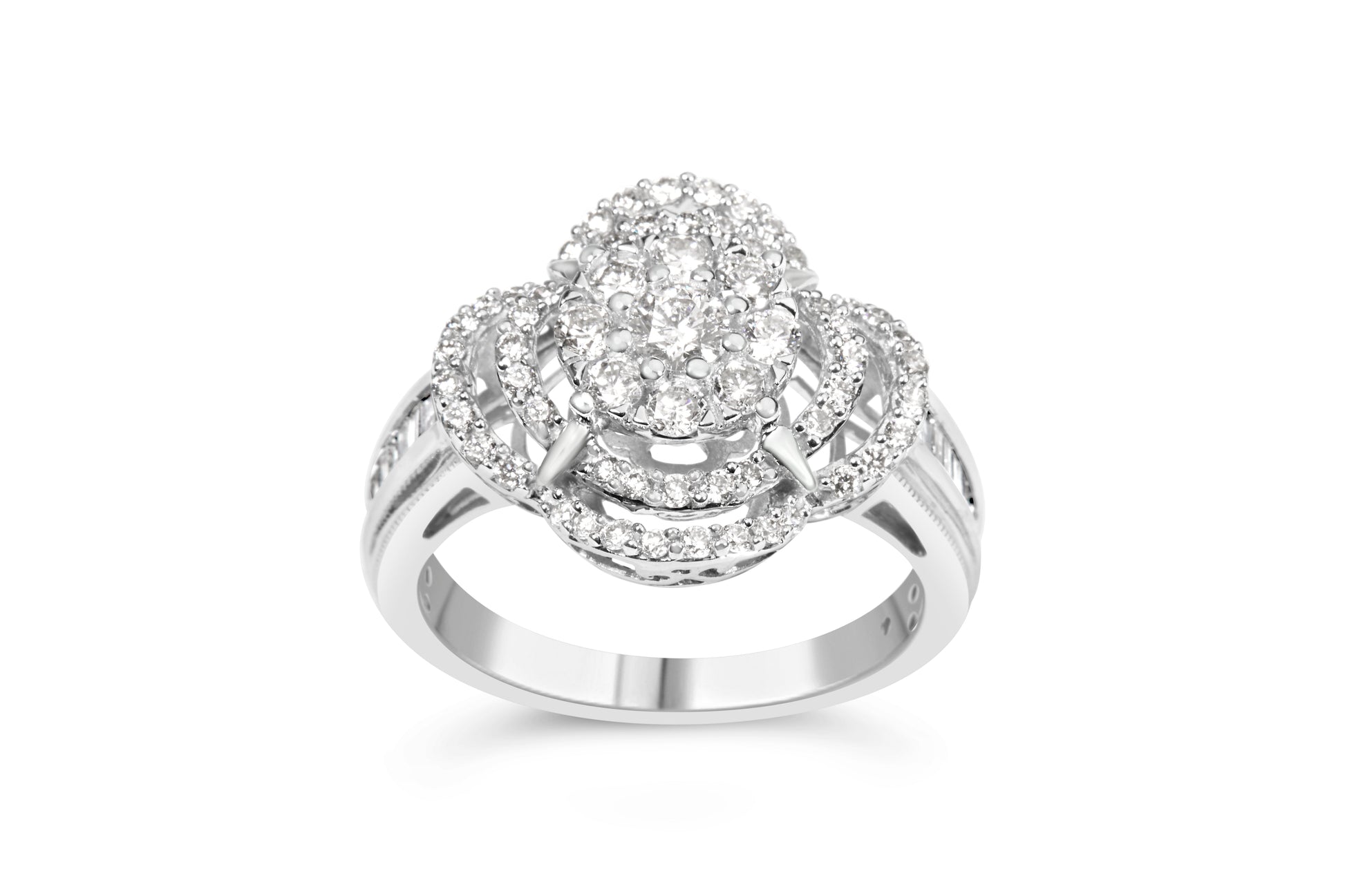 Diamond ring in 14K white gold with round & baguette diamonds cluster quatrefoil channel-set band on Tampa Home & Garden Store