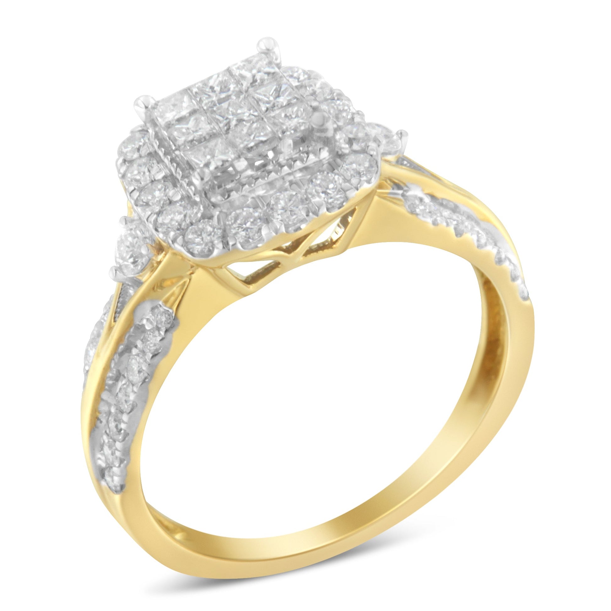 Engagement ring 10K yellow gold diamond composite cushion halo, 3-band shank by Bids.com on Tampa Home & Garden Store