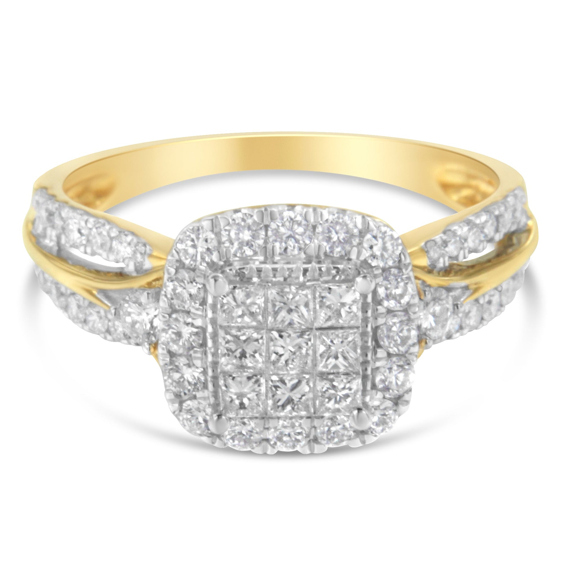 10K yellow gold diamond cushion-halo engagement ring with three-band 1.0 cttw size 6-1/4 on Tampa Home & Garden Store