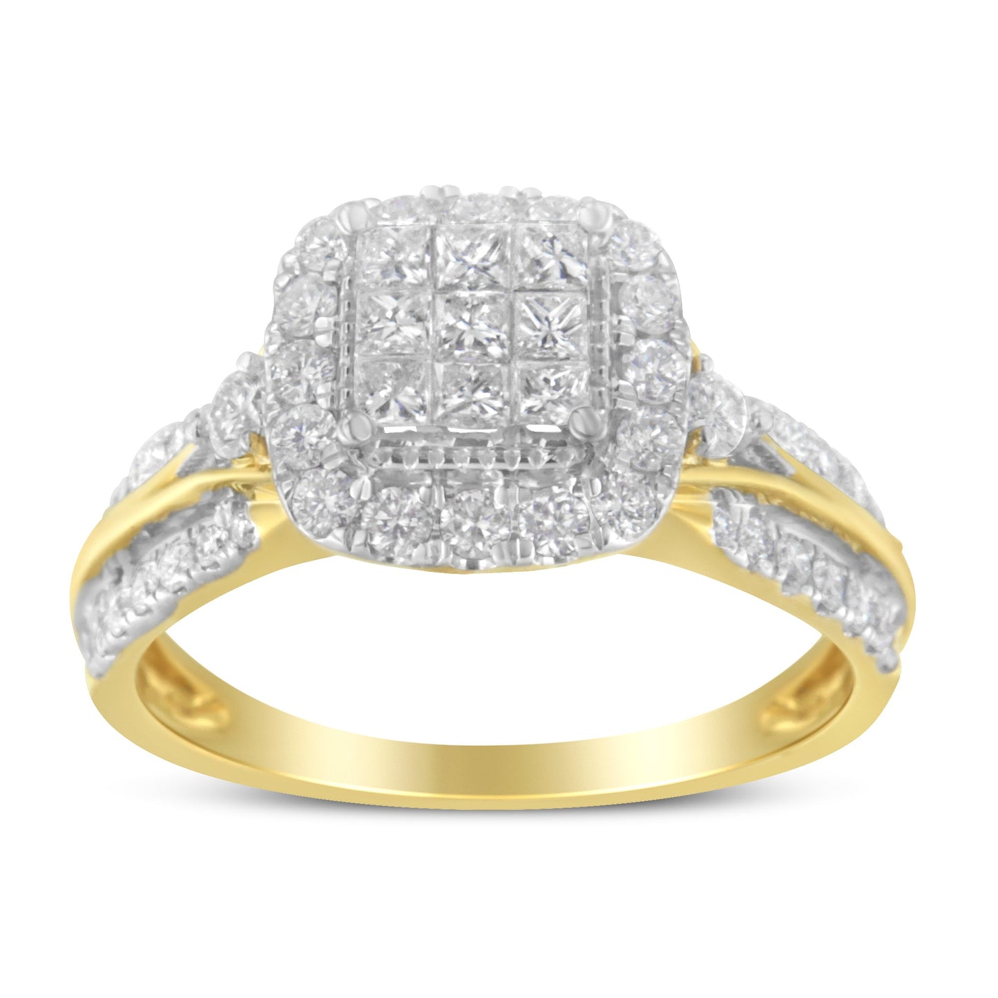 Engagement ring in 10K yellow gold with diamond composite cushion halo and 3-band look, 1.0 cttw on Tampa Home & Garden Store