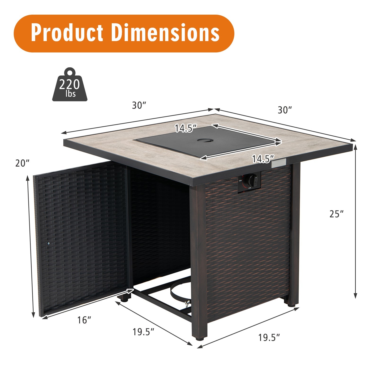 30 Inch Square Propane Gas Fire Pit Table Ceramic Tabletop - Tampa Home & Garden Store