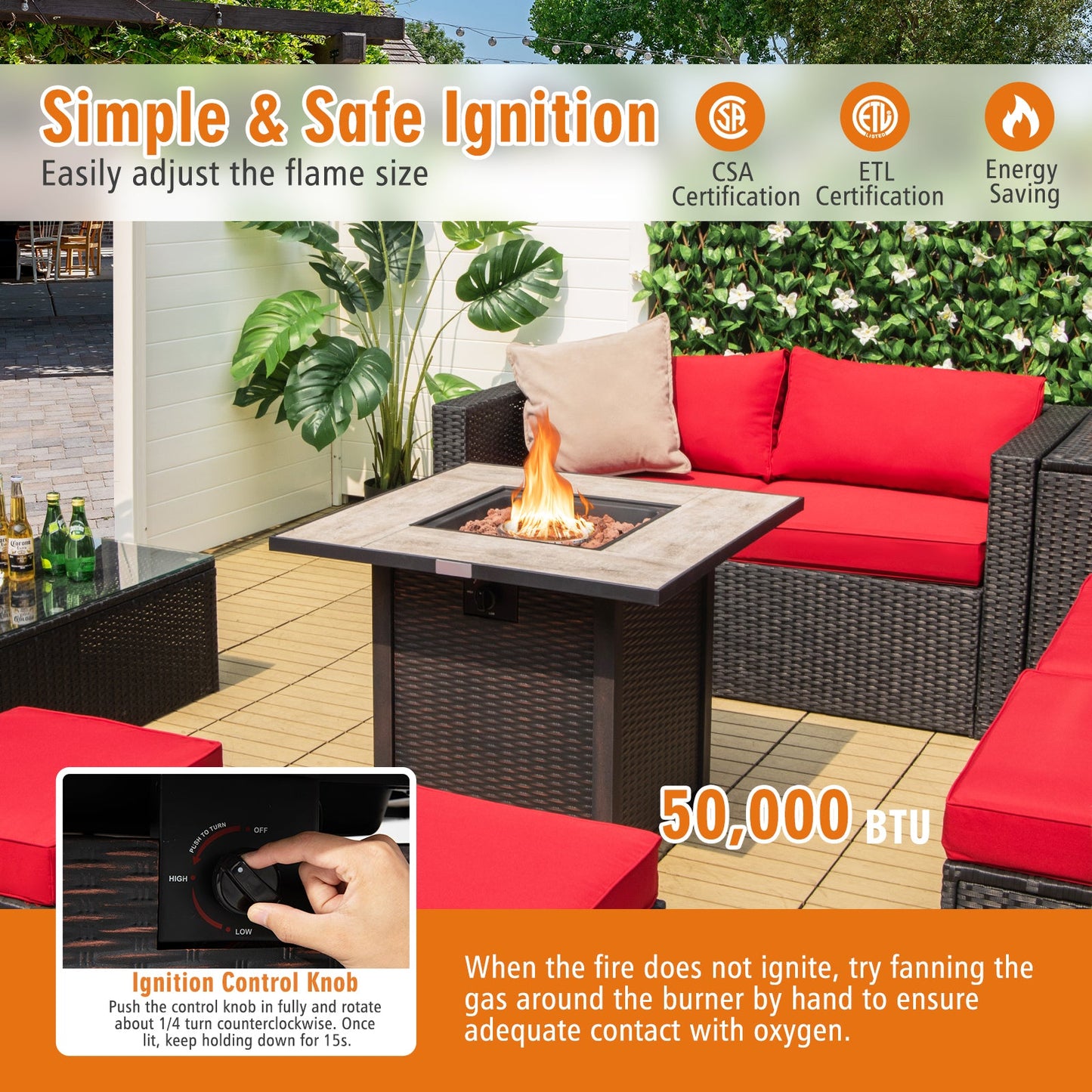 30 Inch Square Propane Gas Fire Pit Table Ceramic Tabletop - Tampa Home & Garden Store