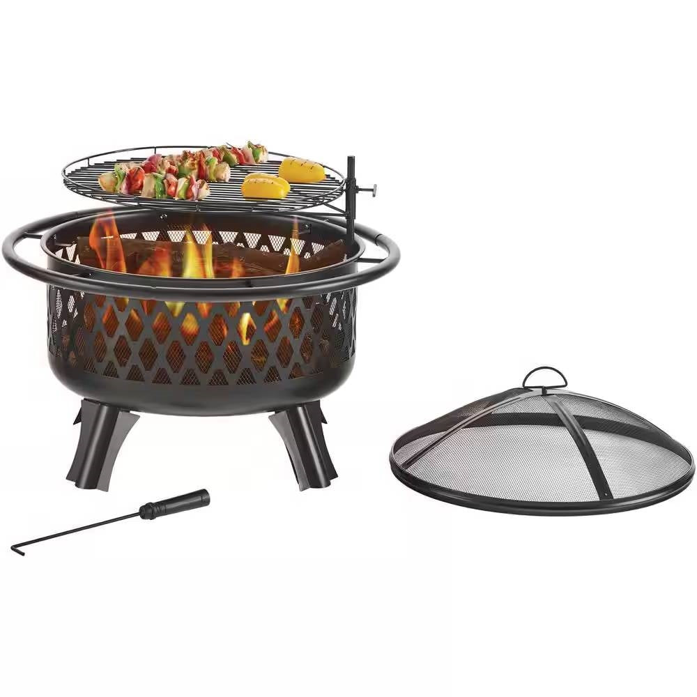 30-inch Black Steel Outdoor Fire Pit Grill with Screen and Poker - Tampa Home & Garden Store