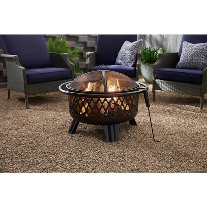 30-inch Black Steel Outdoor Fire Pit Grill with Screen and Poker - Tampa Home & Garden Store