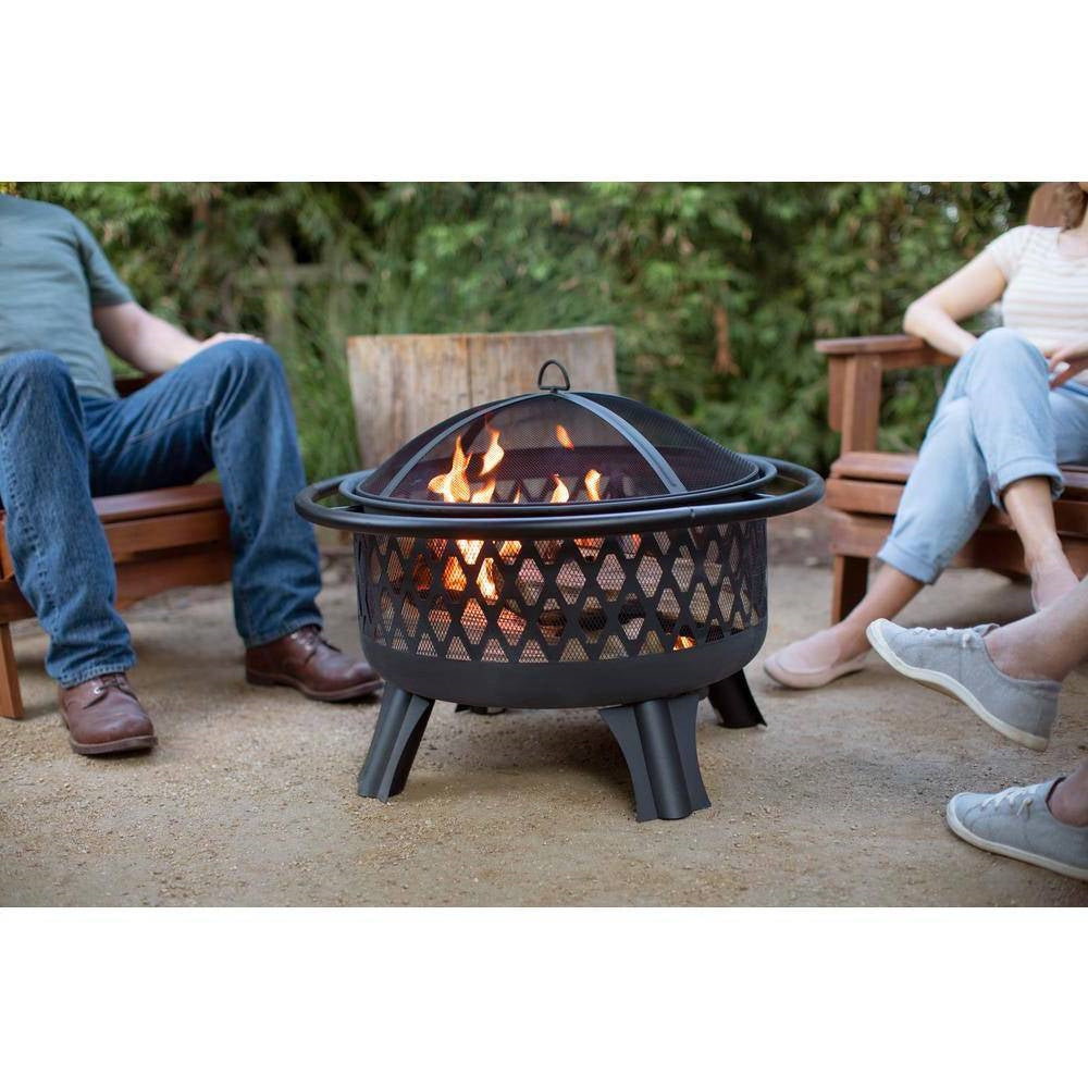 30-inch Black Steel Outdoor Fire Pit Grill with Screen and Poker - Tampa Home & Garden Store