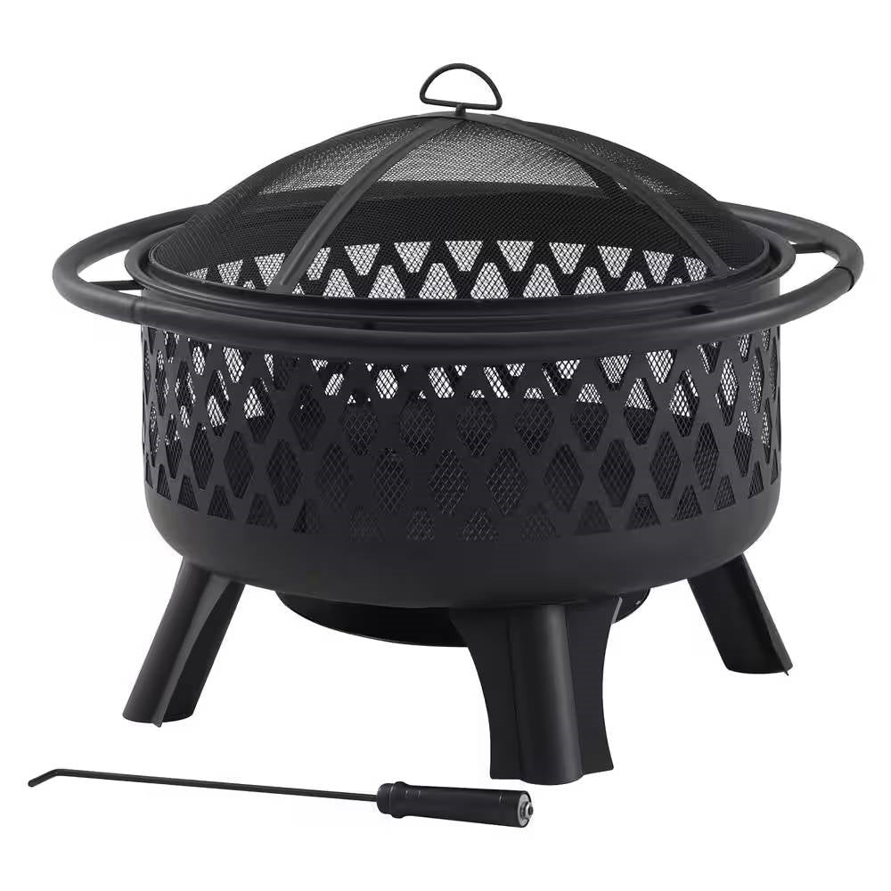 30-inch Black Steel Outdoor Fire Pit Grill with Screen and Poker - Tampa Home & Garden Store