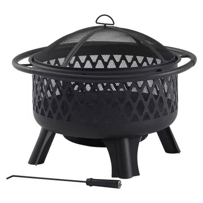 30-inch Black Steel Outdoor Fire Pit Grill with Screen and Poker - Tampa Home & Garden Store