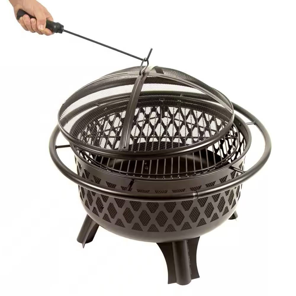 Black metal fire pit grill with a lattice design on a white background Tampa Home & Garden Store