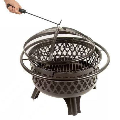 Black metal fire pit grill with a lattice design on a white background Tampa Home & Garden Store