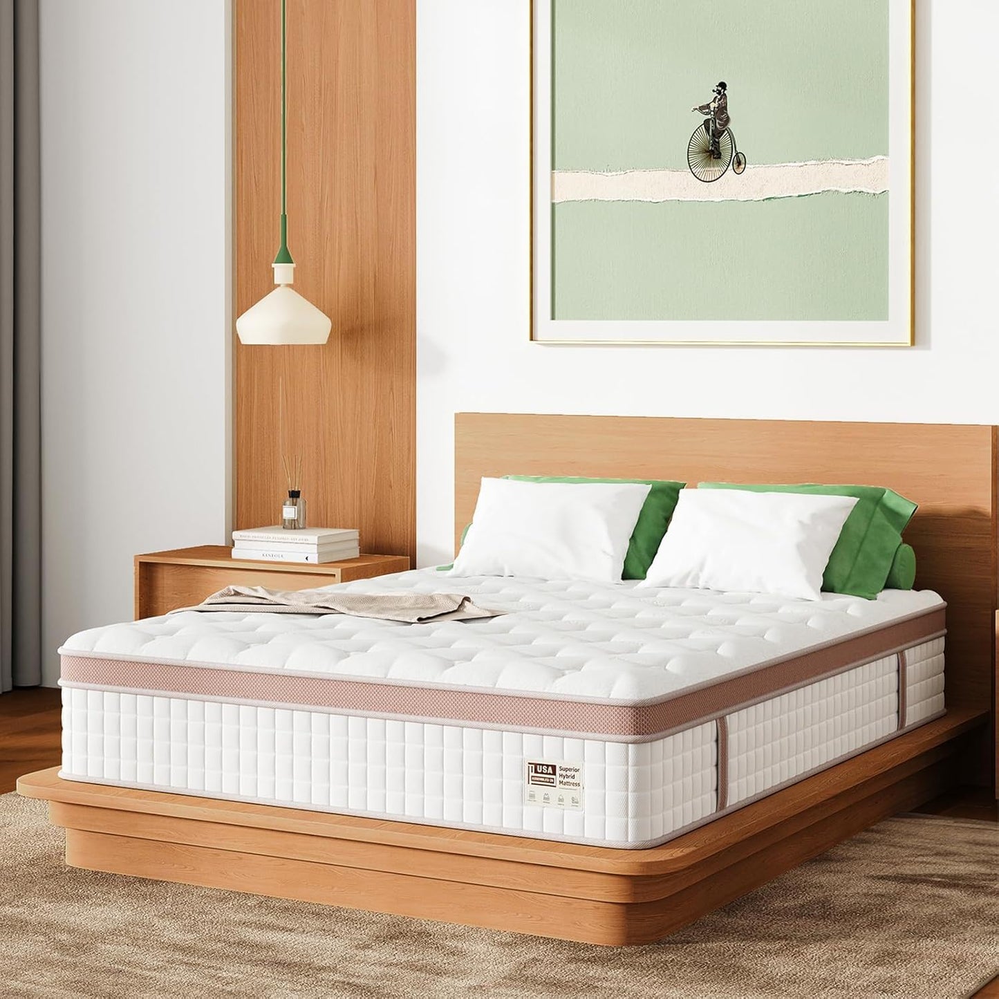 14in King Firm Hybrid Mattress HouseOfZazla with gel memory foam and pocket springs on platform on Tampa Home & Garden Store