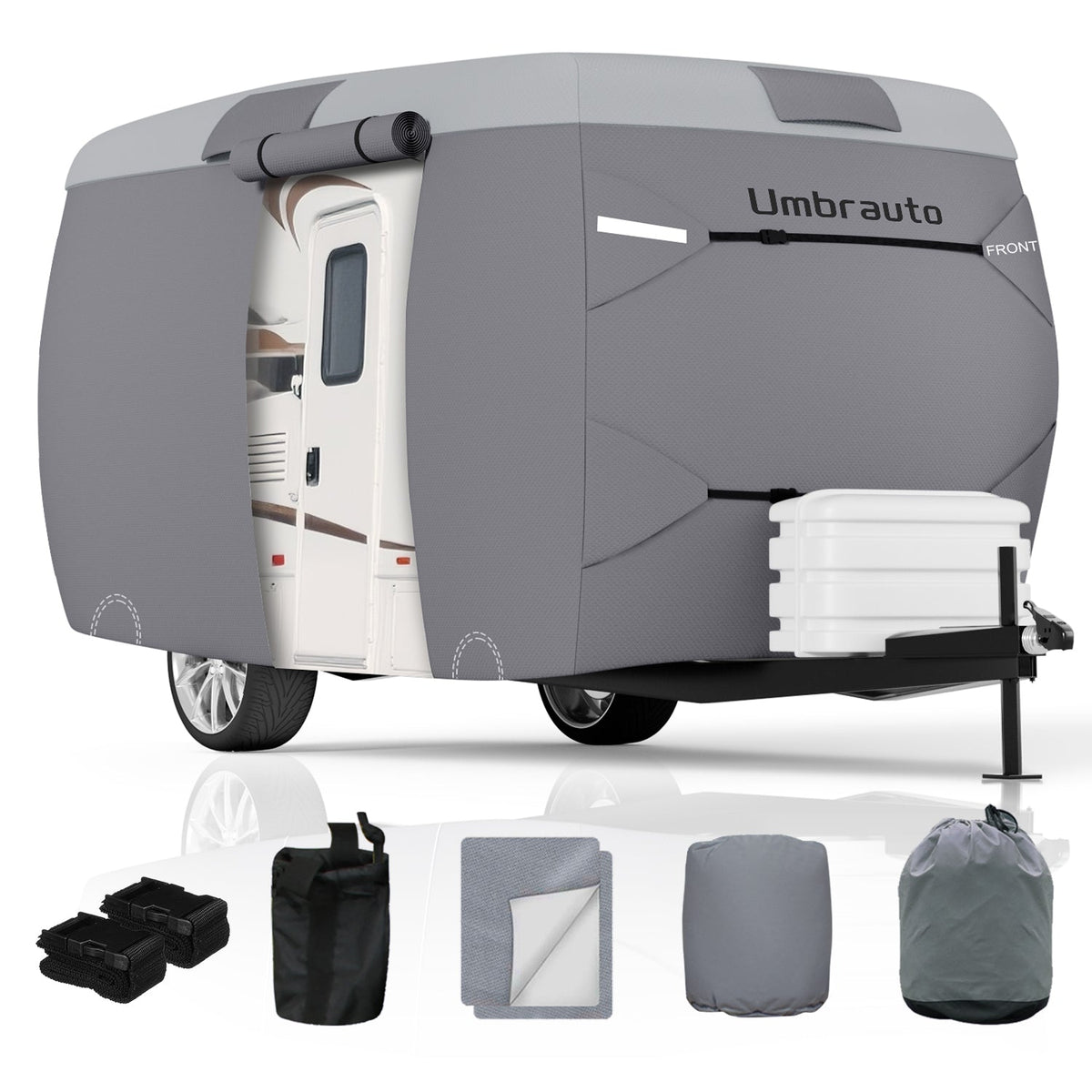 Umbrauto 7-Layer Top Fiberglass Travel Trailer Cover in grey fabric with front access on Tampa Home & Garden Store