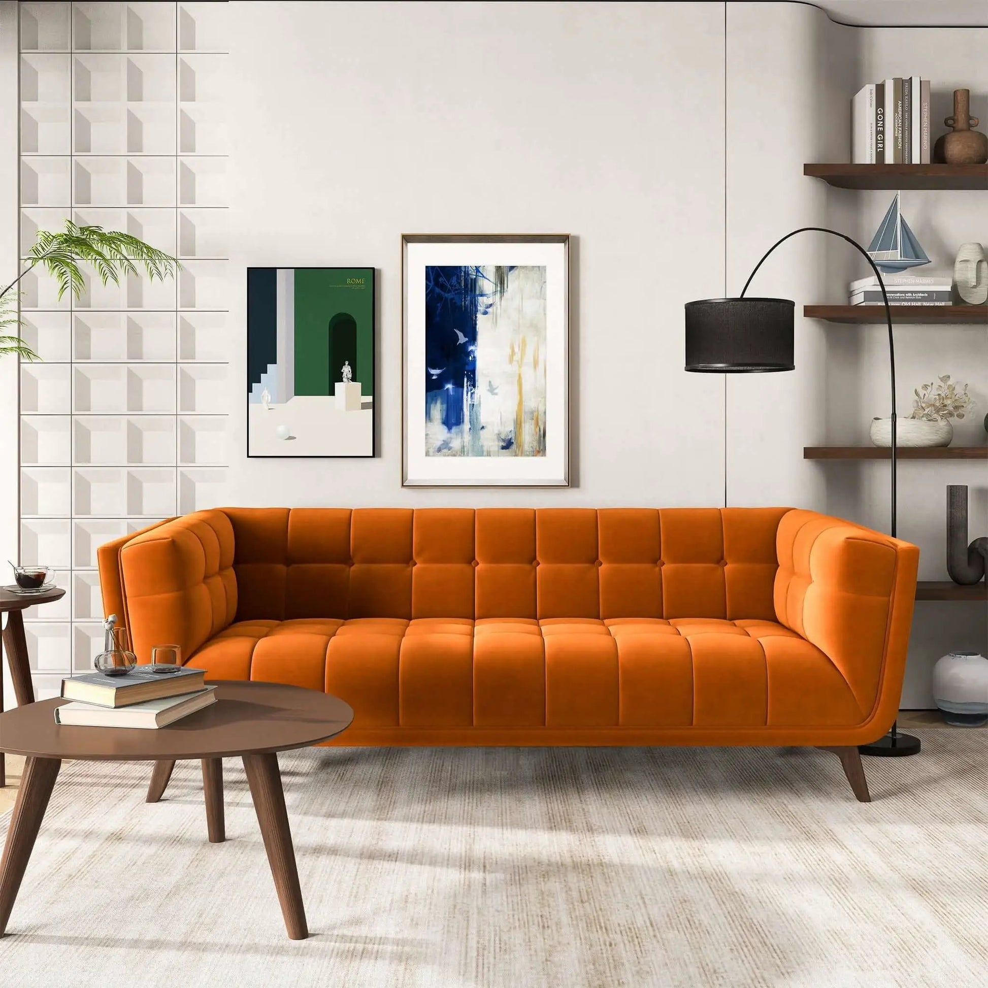 Addison mid-century tufted stationary sofa in bright orange upholstery by Unique Piece Furniture on Tampa Home & Garden Store