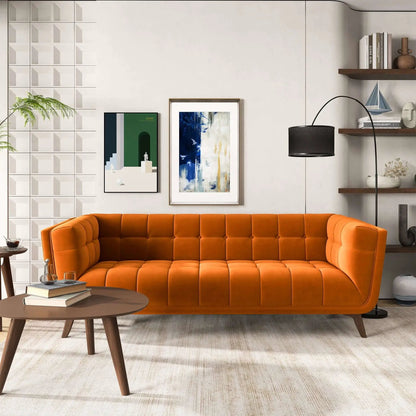 Addison mid-century tufted stationary sofa in bright orange upholstery by Unique Piece Furniture on Tampa Home & Garden Store