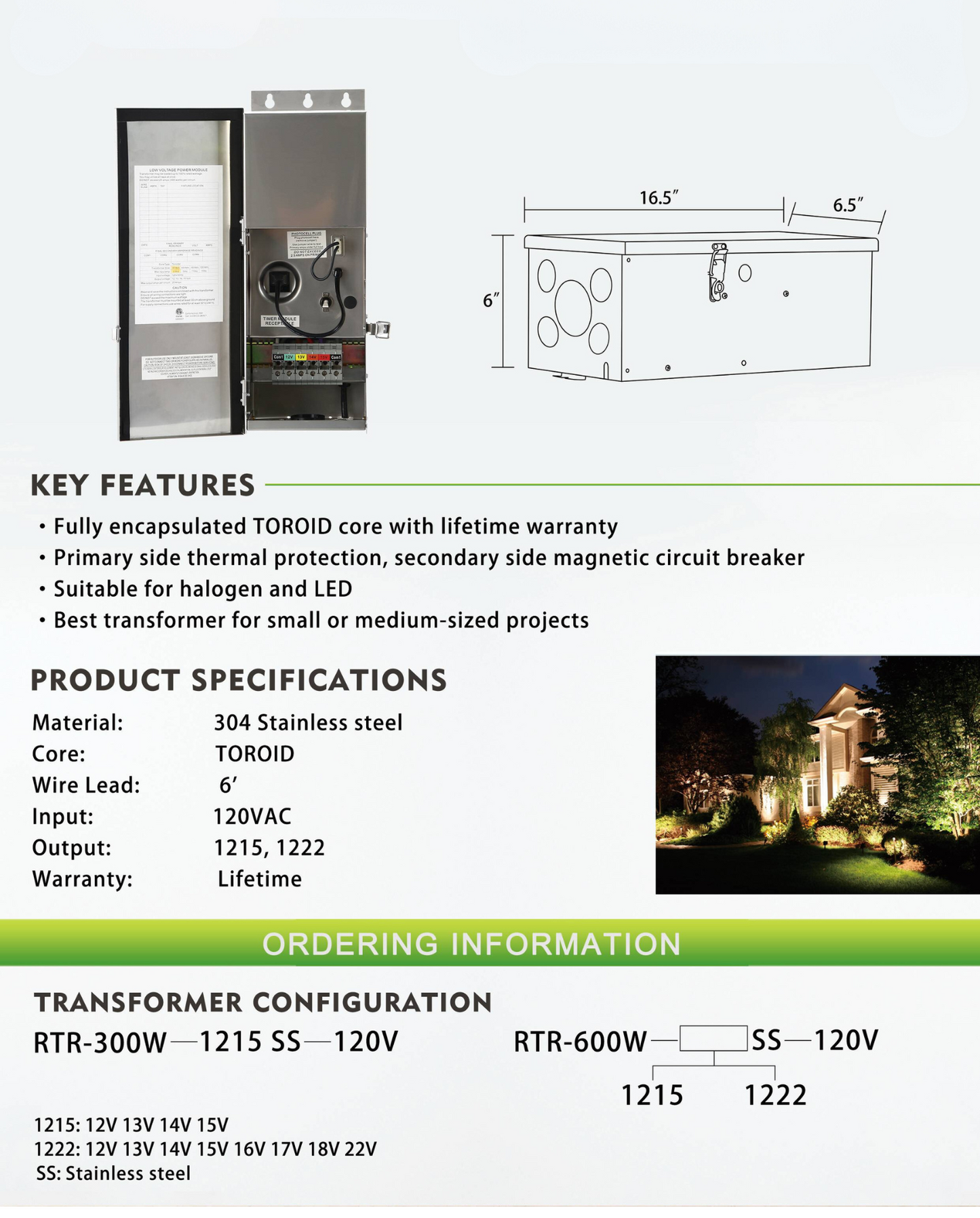 Transformador de bajo voltaje de múltiples tomas RTR300 de 300 W con fotocélula y temporizador de dial manual, resistente al agua IP65 