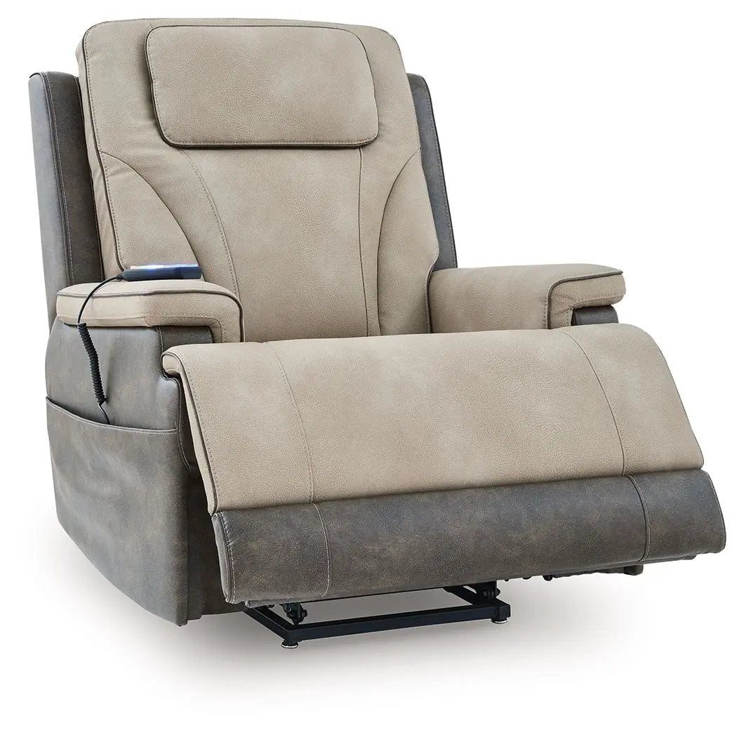 Power lift recliner beige two-tone upholstery with dark base and built-in armrest pocket on Tampa Home & Garden Store