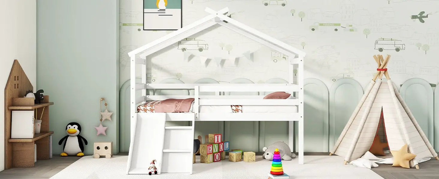 Low Loft House Bed With Slide and Guardrails