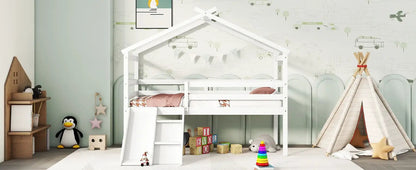 Low Loft House Bed With Slide and Guardrails