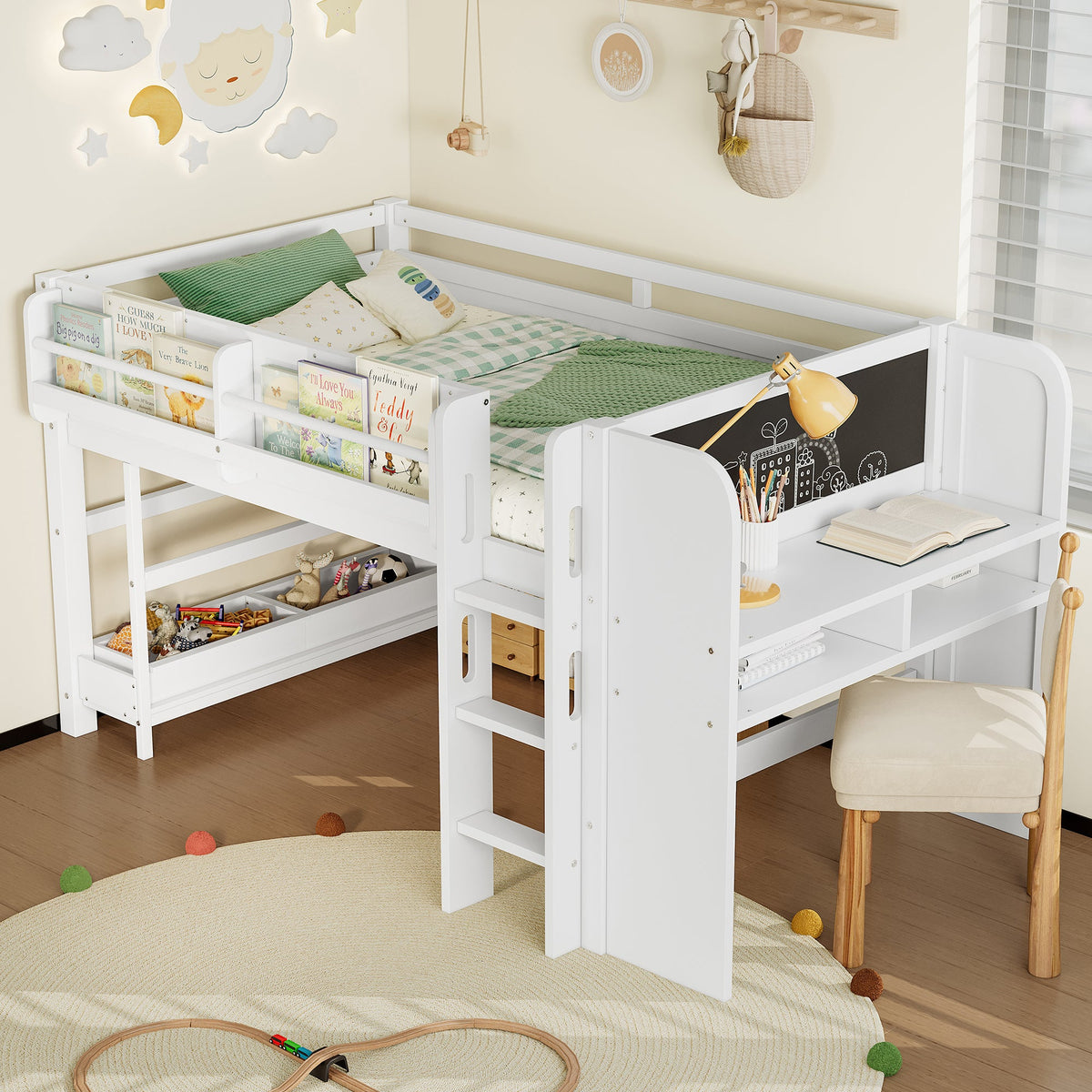 Twin loft bed with built-in multi-storage bookcases, desk and blackboard, HouseOfZazla on Tampa Home & Garden Store