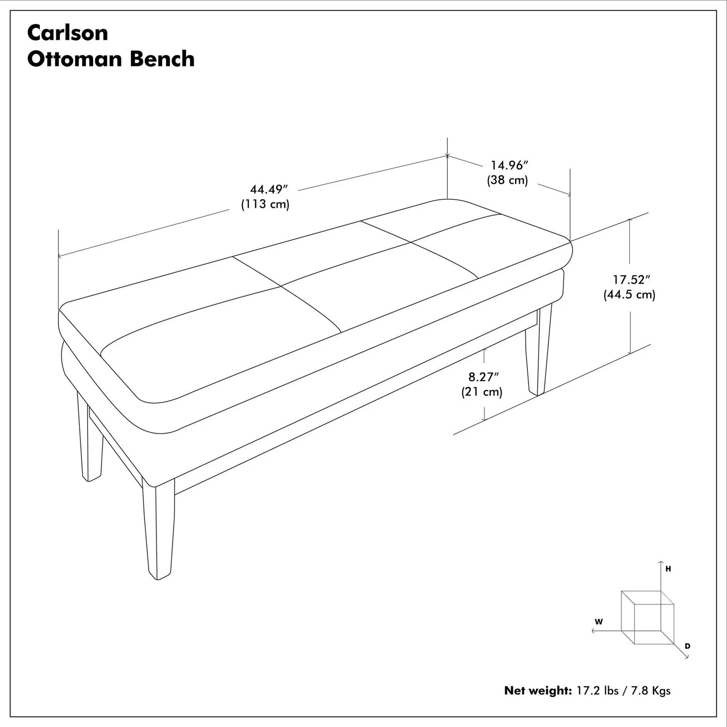 Carlson Ottoman Bench line drawing with mid-century design and dimension annotations on Tampa Home & Garden Store