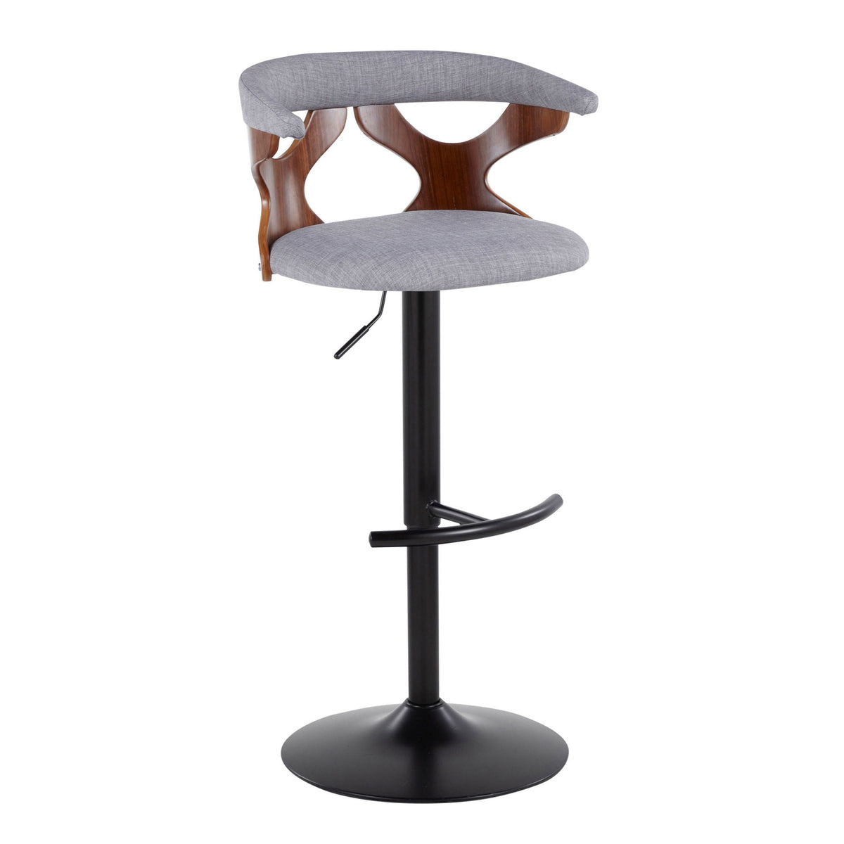Contemporary adjustable barstool set of 2 with swivel, grey fabric seat and curved wood back on Tampa Home & Garden Store