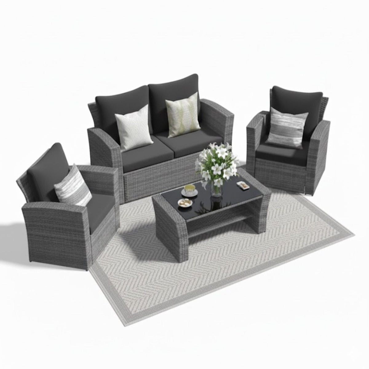 HouseOfZazla Modern Patio Set – 4pc gray wicker with cushions and glass coffee table on Tampa Home & Garden Store