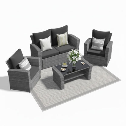 HouseOfZazla Modern Patio Set – 4pc gray wicker with cushions and glass coffee table on Tampa Home & Garden Store