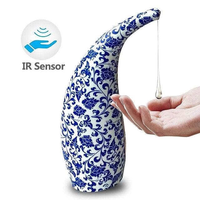 Soap dispenser 300ml by Stevvex, white with blue floral pattern, infrared sensor on Tampa Home & Garden Store