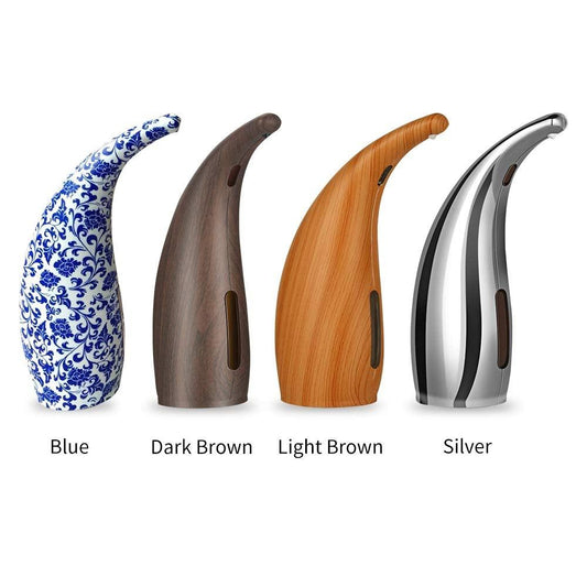 Automatic 300ml soap dispenser set in four finishes: blue, dark brown, light brown, silver on Tampa Home & Garden Store