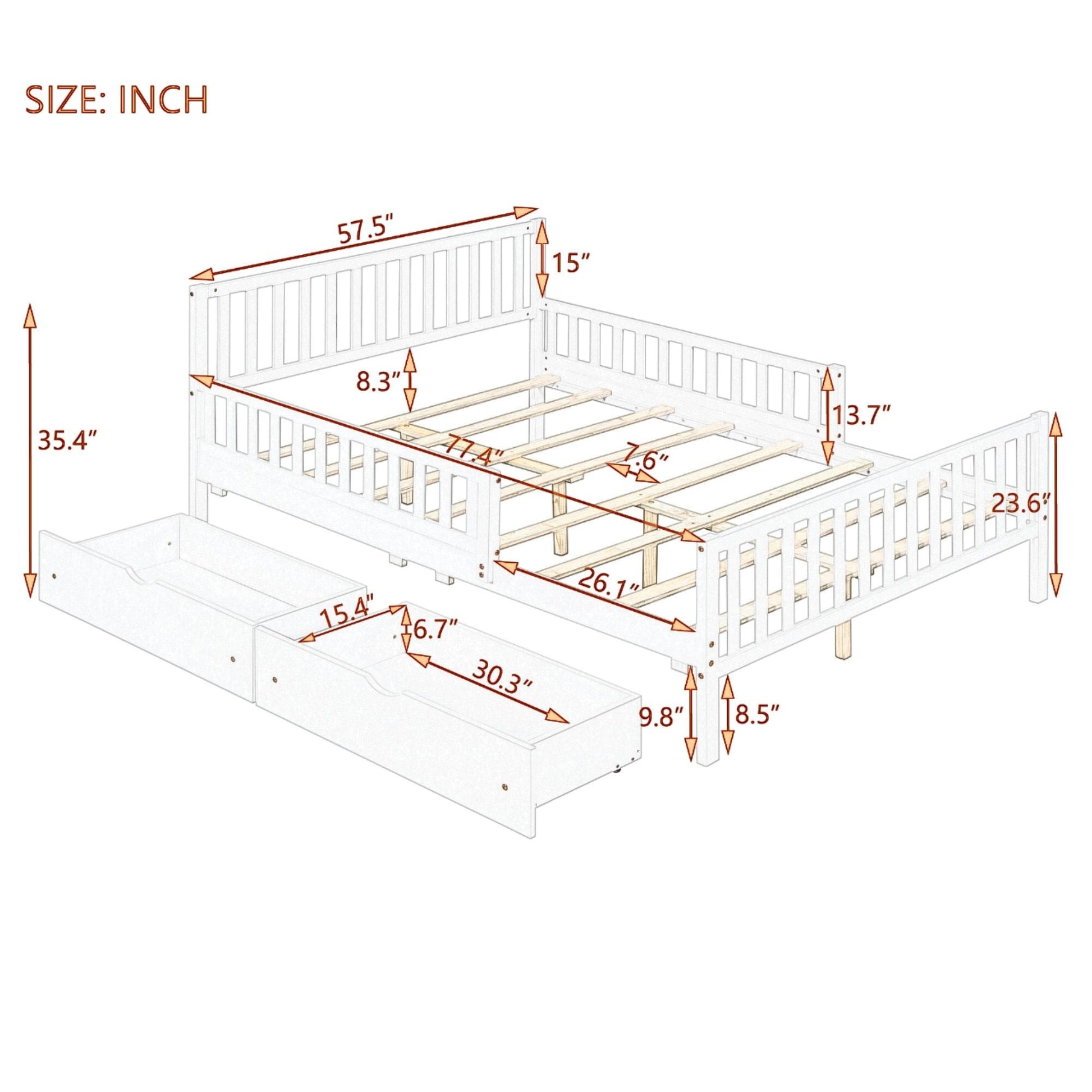 Platform bed with guardrails on both sides and 2 storage drawers, white with slats HouseOfZazla on Tampa Home & Garden Store