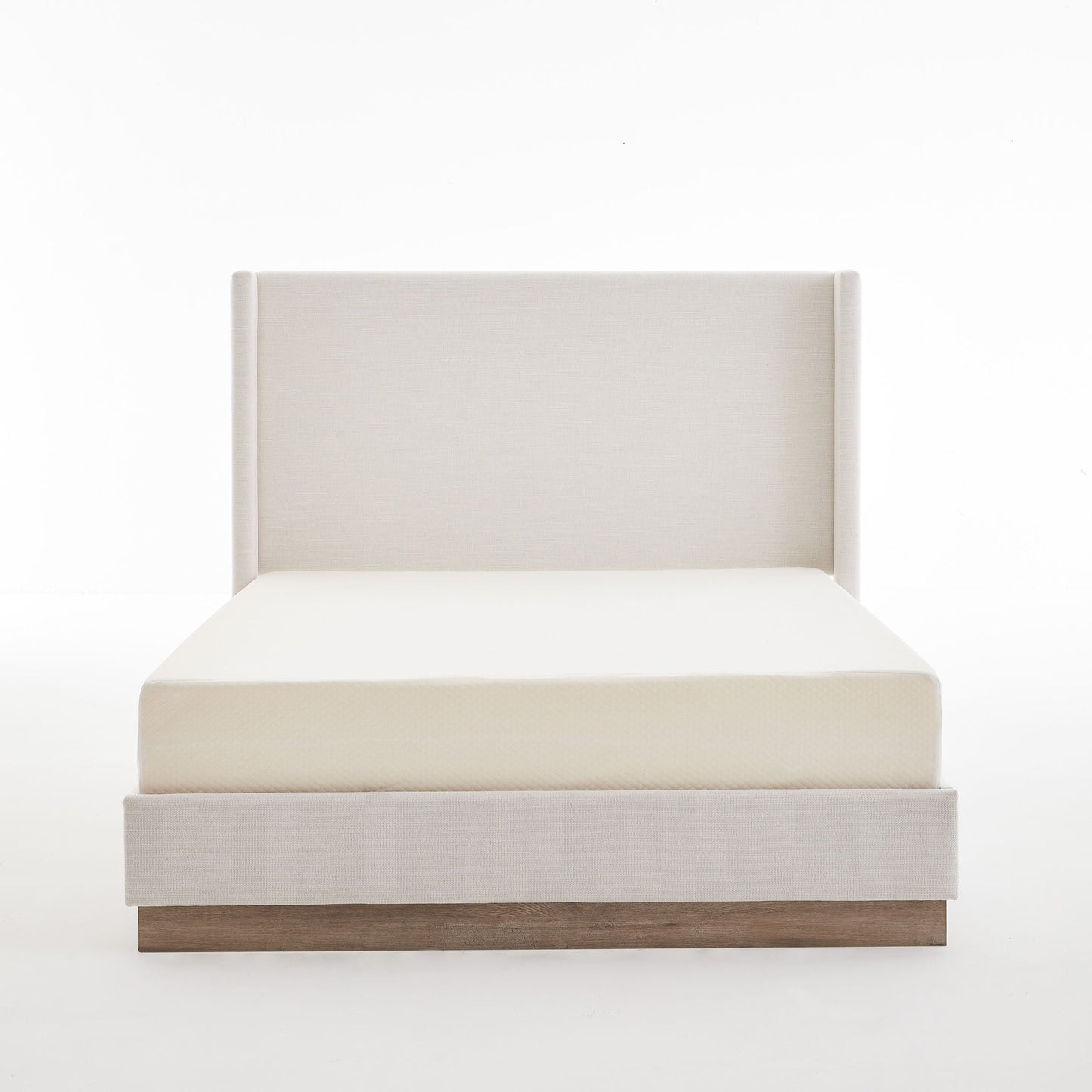 Hosford minimalist upholstered wingback bed in beige fabric with wooden base on Tampa Home & Garden Store