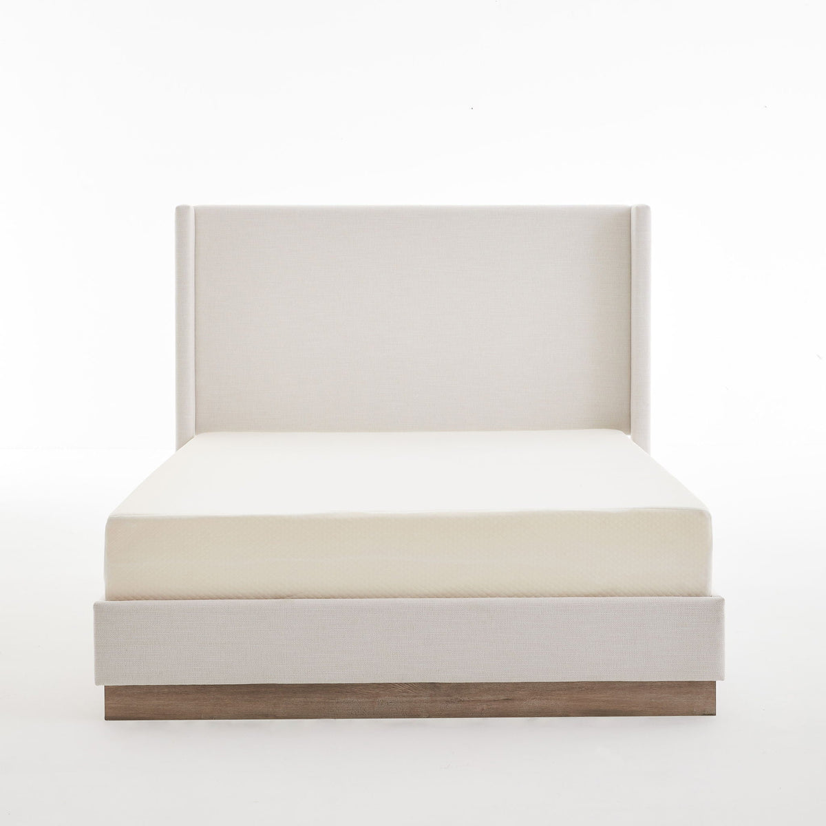Hosford minimalist upholstered wingback bed in beige fabric with wooden base on Tampa Home & Garden Store