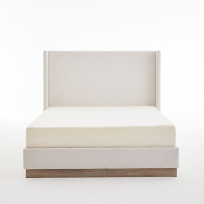 Hosford minimalist upholstered wingback bed in beige fabric with wooden base on Tampa Home & Garden Store