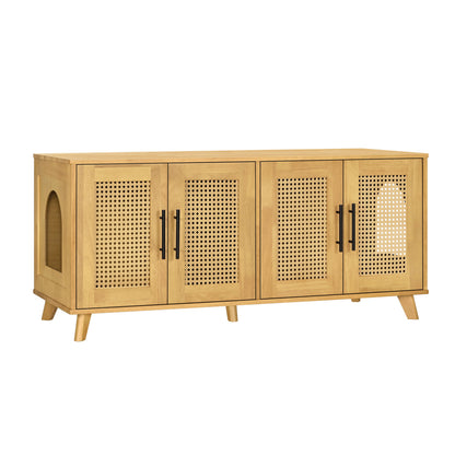 Myra Indoor Premium Rubber Wood Cat Cabinet with woven cane panels natural finish on Tampa Home & Garden Store
