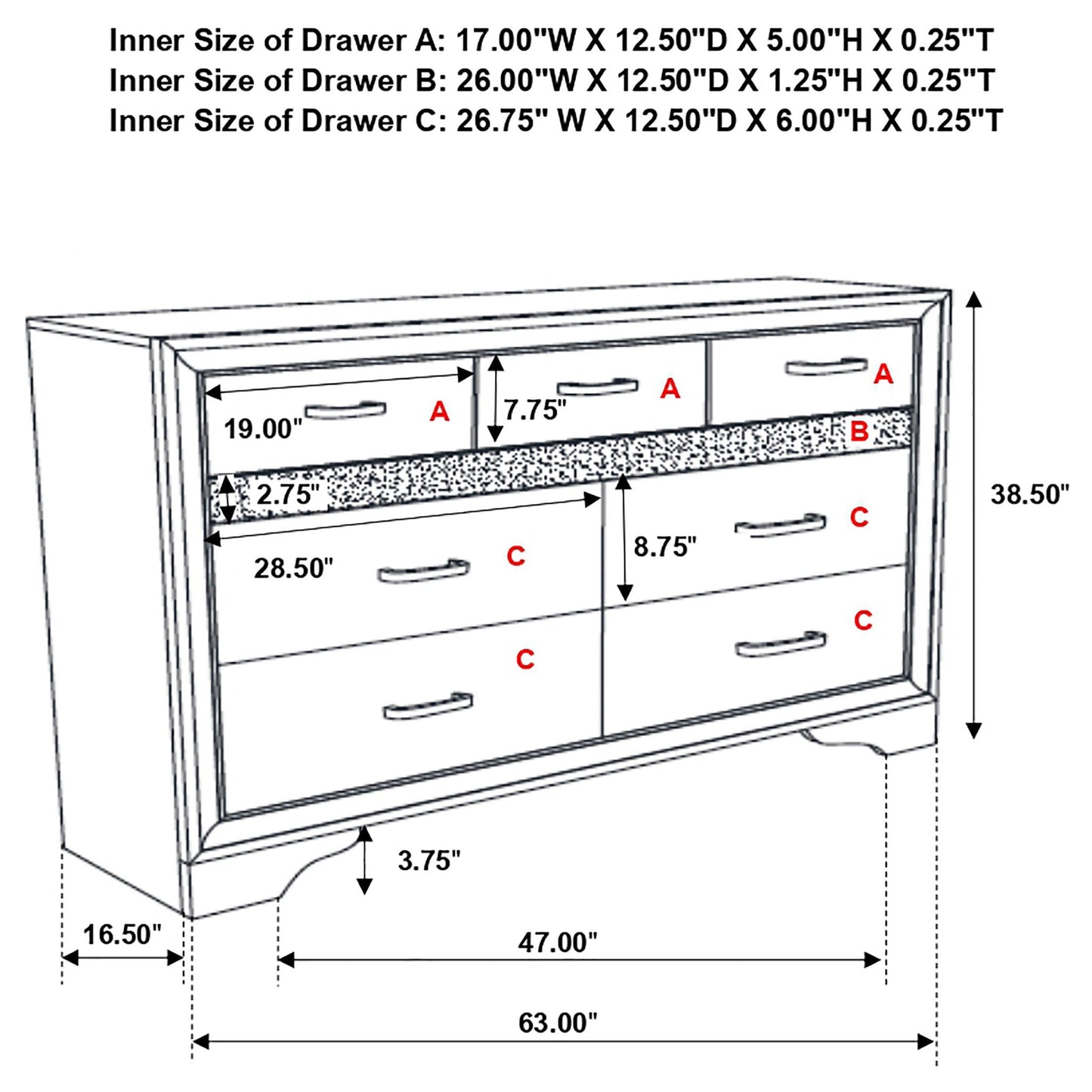 Annie 4 Piece Bedroom Set by HouseOfZazla line drawing of a dresser 63.00W x 16.50D x 38.50H on Tampa Home & Garden Store