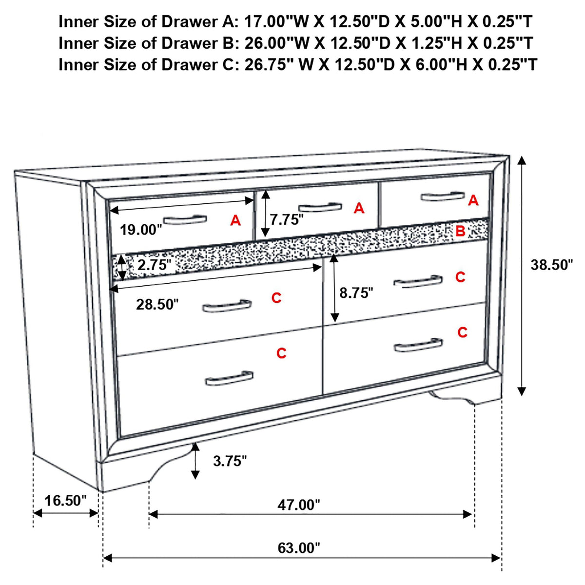 Annie 4 Piece Bedroom Set by HouseOfZazla line drawing of a dresser 63.00W x 16.50D x 38.50H on Tampa Home & Garden Store