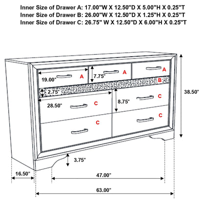 Annie 4 Piece Bedroom Set by HouseOfZazla line drawing of a dresser 63.00W x 16.50D x 38.50H on Tampa Home & Garden Store