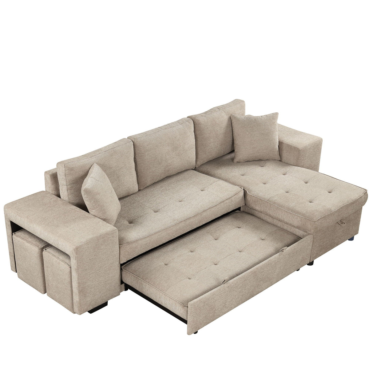 Modern L-shape sleeper sectional beige by HouseOfZazla with storage chaise and 2 stools on Tampa Home & Garden Store